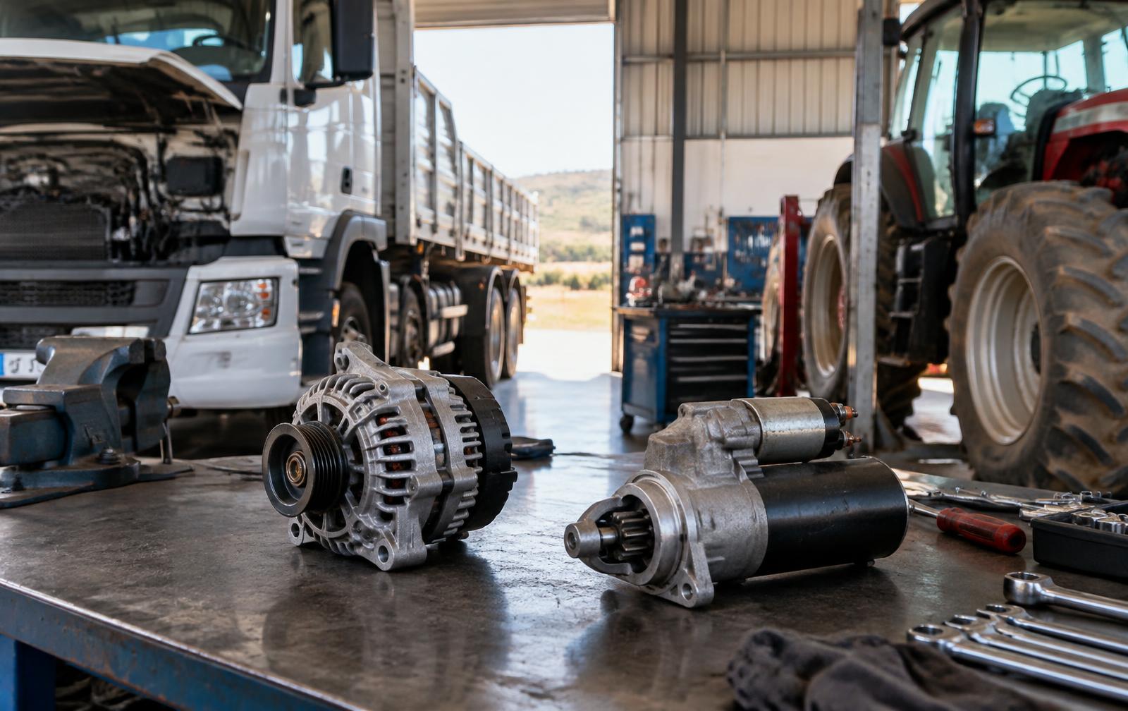 Bancada de auto elétrica com alternador, motor de partida, caminhão e trator em oficina organizada