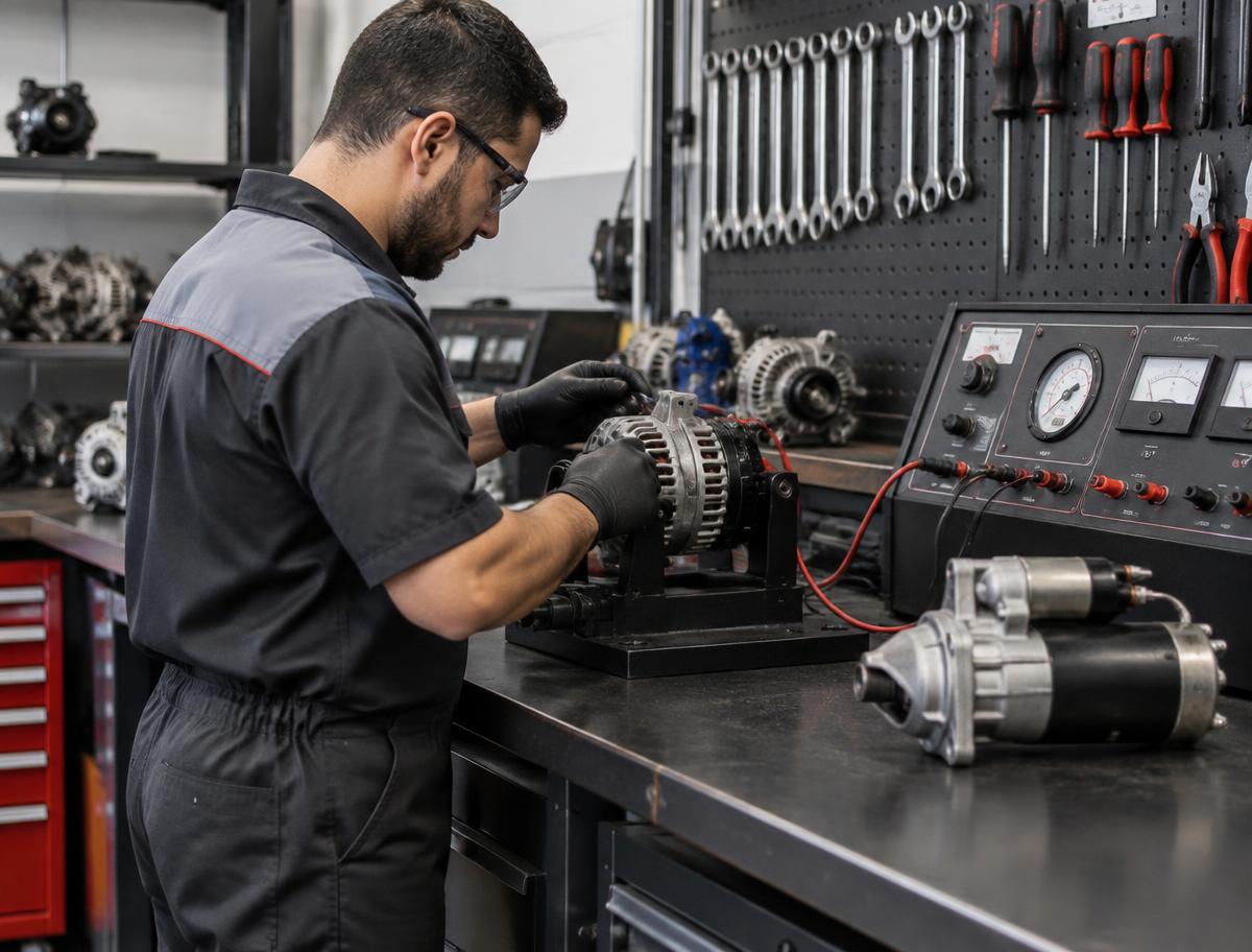 Técnico testando alternador em bancada de auto elétrica organizada